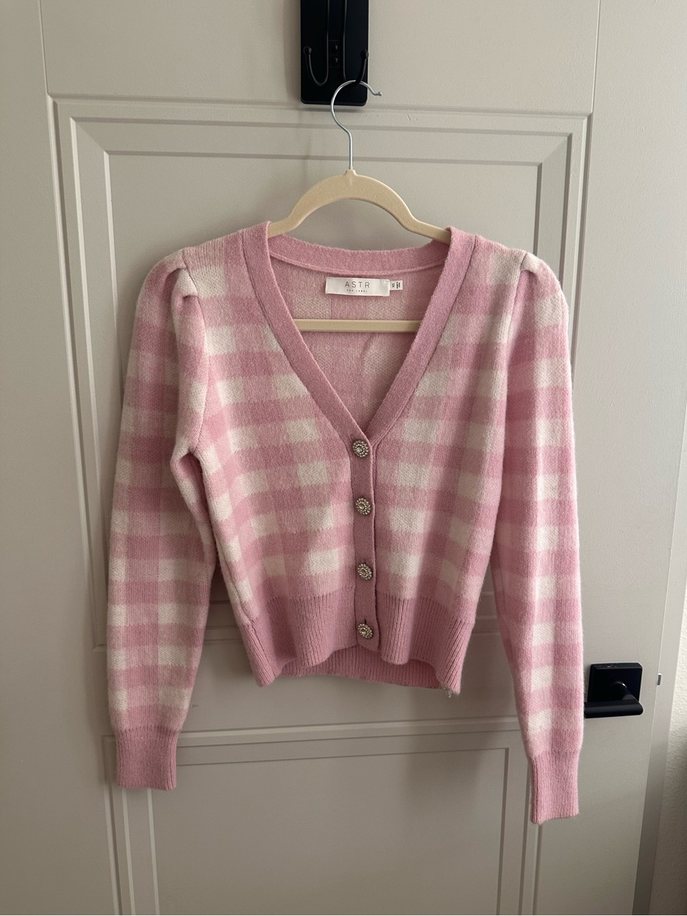 Astr Lilac and Cream Check V-Neck Button Cardigan